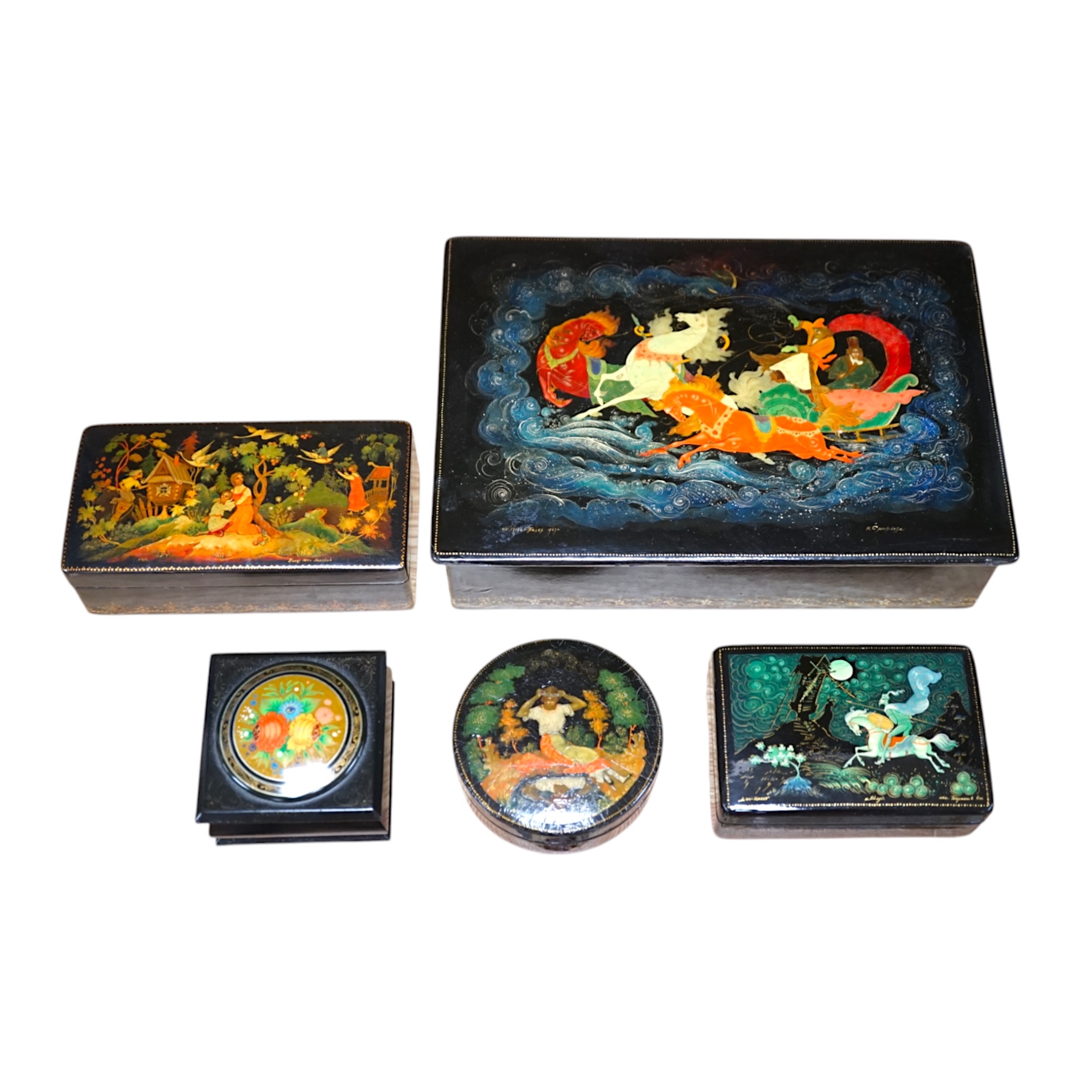 Five Russian lacquer boxes, largest 21cm x 14cm. Condition - some scratches and minor marks